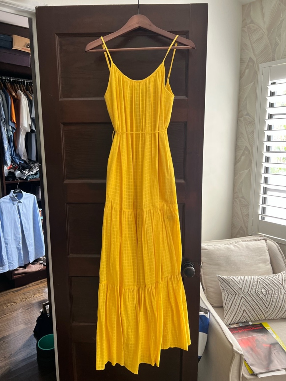 Banana Republic Bright Yellow Tiered Maxi Dress with Spaghetti Straps